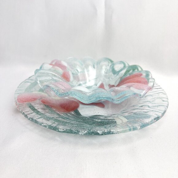 Fused Art Glass Bowl & Plate Set Pink Green Swirl Textured Floral Decor 2pc. - Picture 2 of 11